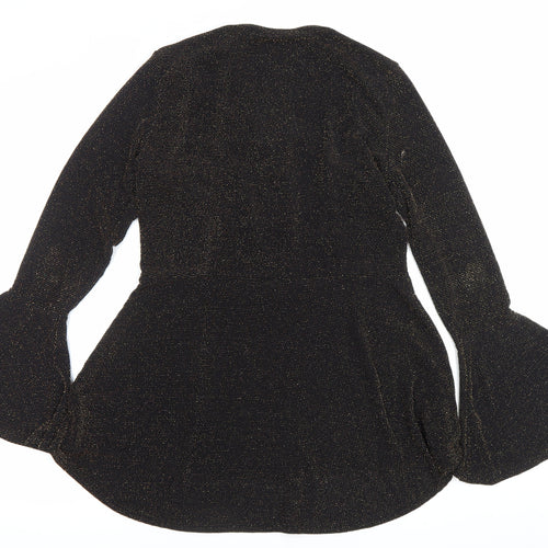 Quiz Women’s Black Glitter Fit & Flare Dress Size 14 Party Zip Bell Sleeve