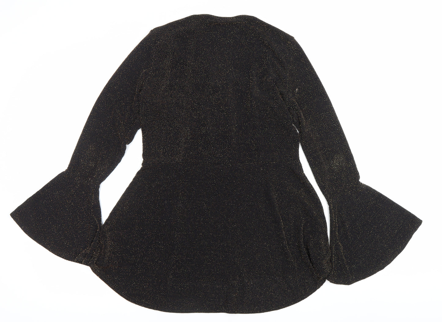 Quiz Women’s Black Glitter Fit & Flare Dress Size 14 Party Zip Bell Sleeve