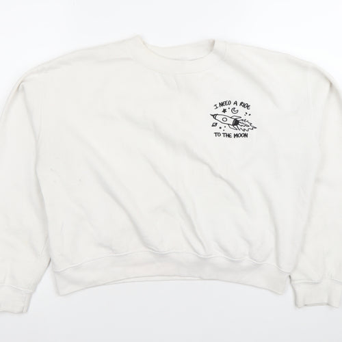 Pull&Bear Women’s White Sweatshirt Size 10 Graphic Print Crew Neck