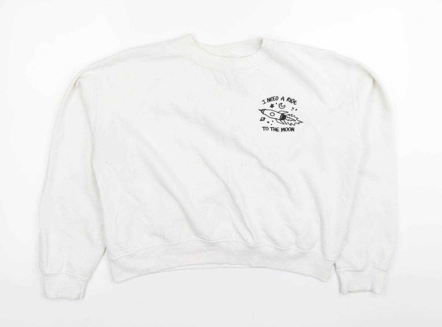 Pull&Bear Women’s White Sweatshirt Size 10 Graphic Print Crew Neck