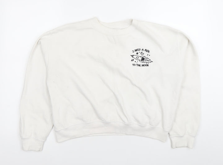 Pull&Bear Women’s White Sweatshirt Size 10 Graphic Print Crew Neck