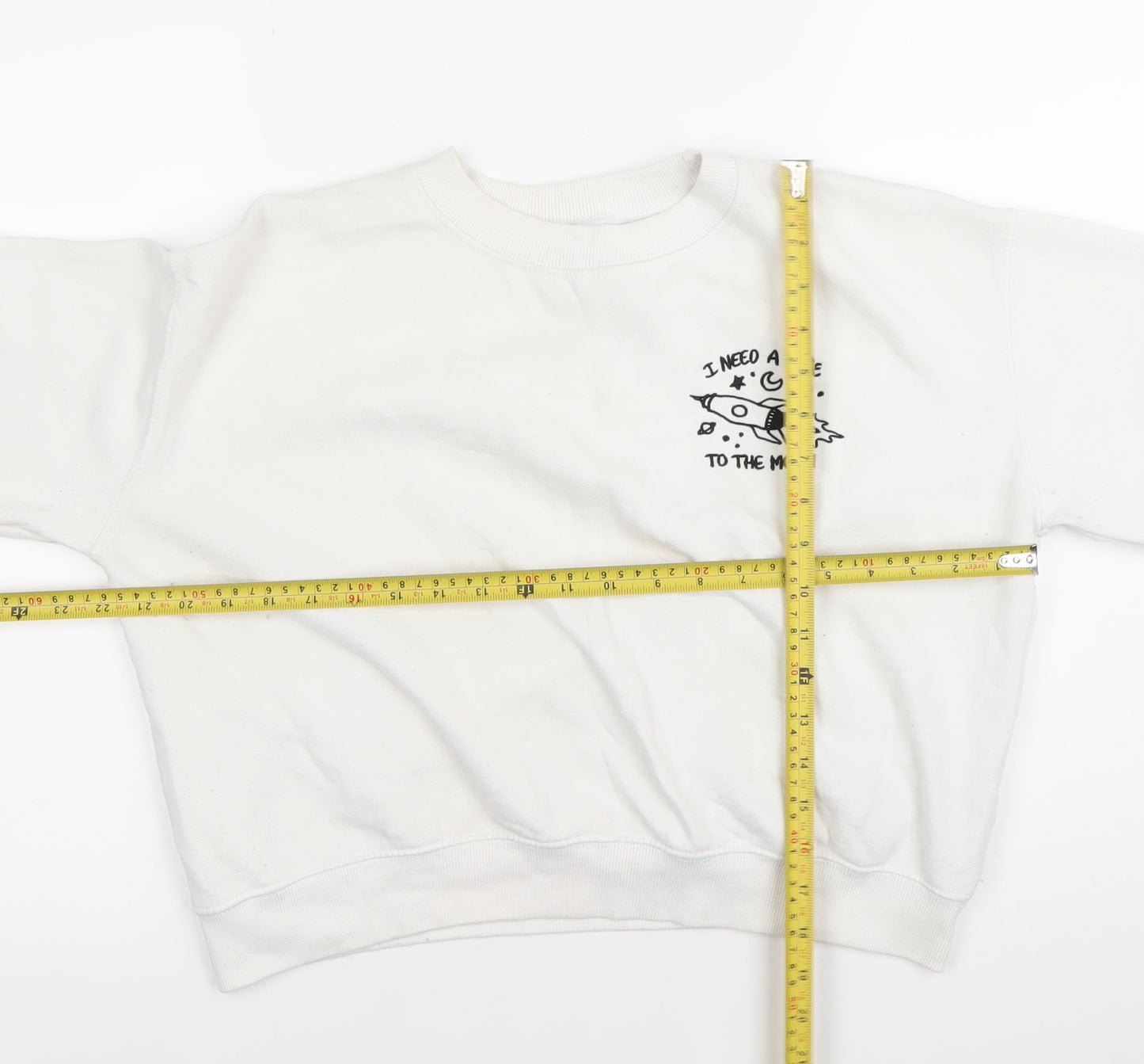 Pull&Bear Women’s White Sweatshirt Size 10 Graphic Print Crew Neck