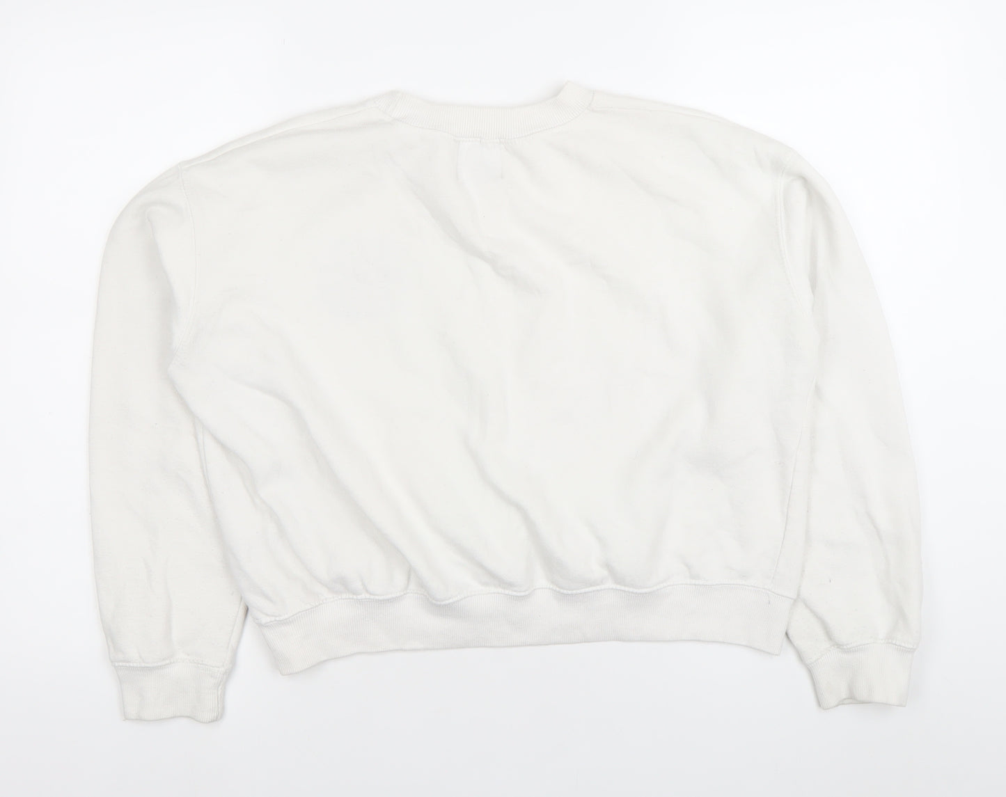 Pull&Bear Women’s White Sweatshirt Size 10 Graphic Print Crew Neck