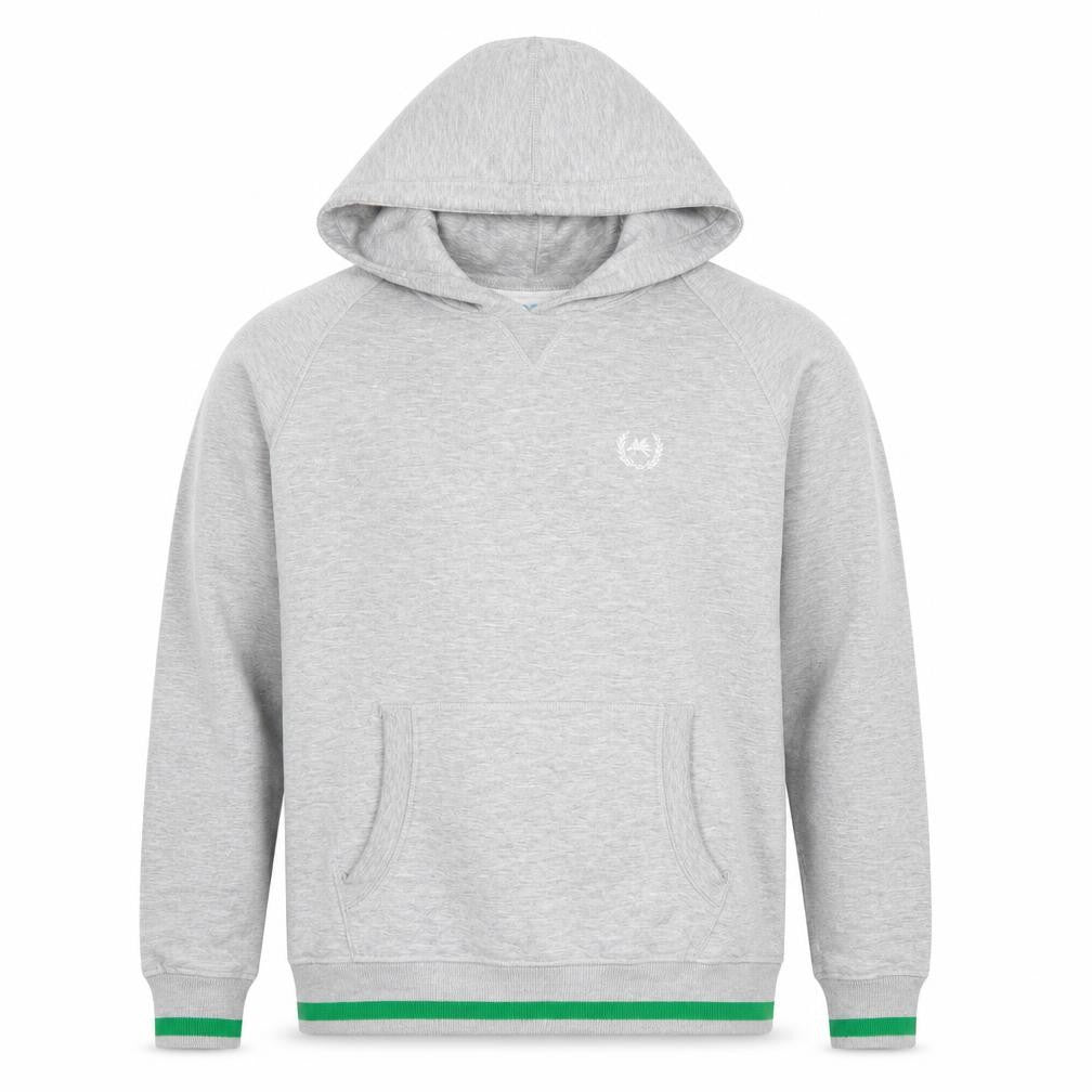 Front view of Super Men's Grey Pullover Hoodie, size L, with Logo
