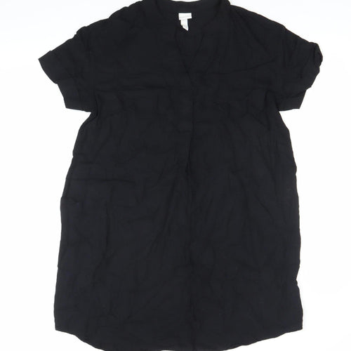 H&M Women’s Black Shift Dress Size S Short Sleeve Collared Viscose