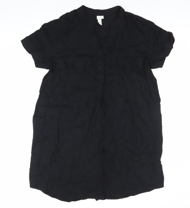 H&M Women’s Black Shift Dress Size S Short Sleeve Collared Viscose