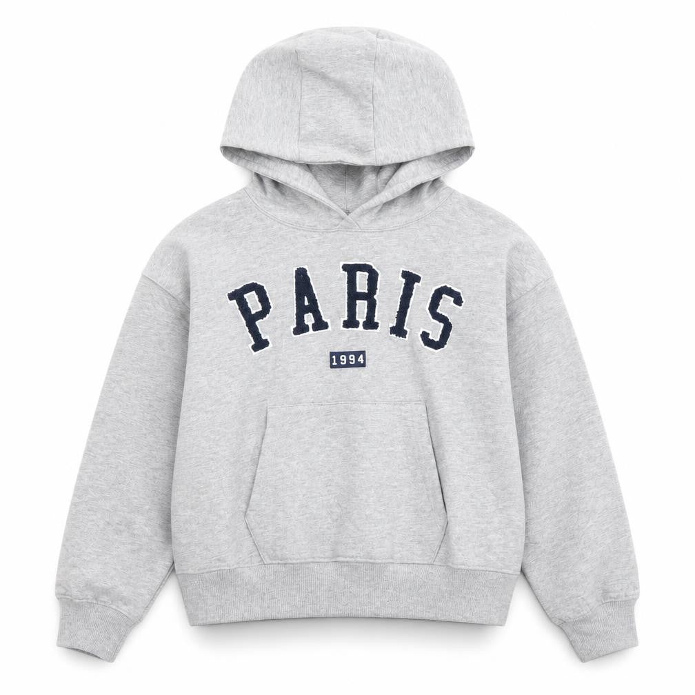 Front view of Very boys’ grey pullover hoodie 11 years paris logo long sleeve