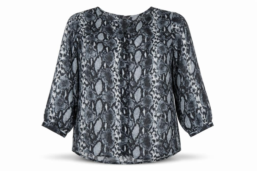 Front view of Globus women’s grey snake print tunic blouse s 3/4 sleeve chiffon
