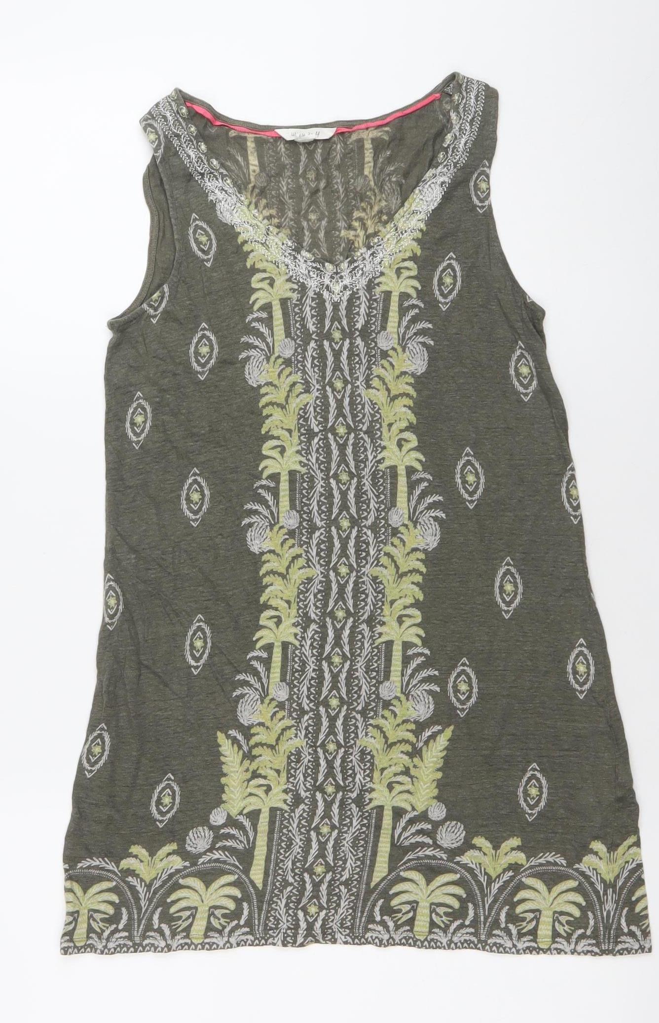 White Stuff Womens Green Linen Tunic Tank Top UK 8 Scoop Neck Boho Summer