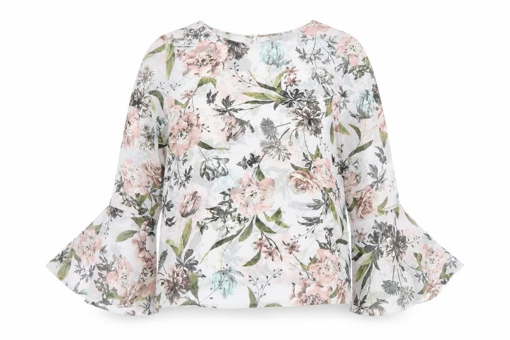 Front view of New Look women’s multicoloured floral blouse, size UK 10, bell sleeve