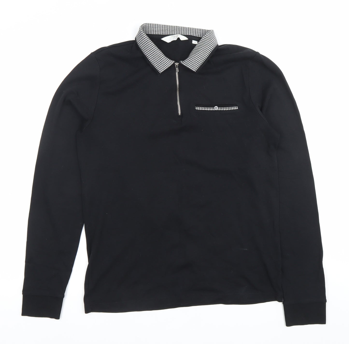 Next Men’s Black Long Sleeve Cotton Polo Shirt Size M Zip Collar