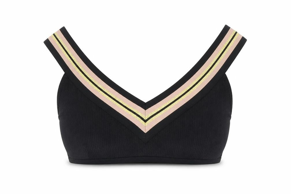 Front view of River Island women’s black glitter strap bralette bikini top uk 12