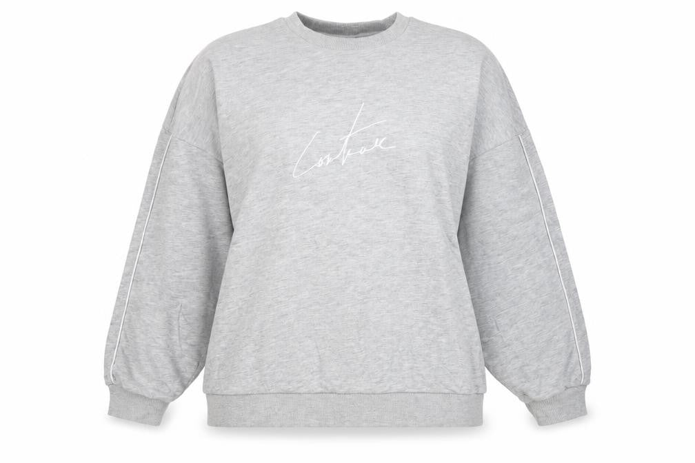Front view of The Couture Club women’s grey sweatshirt, size UK 8, logo pullover