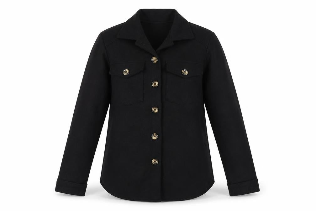 Front view of Stylewise Women’s Black Mid-Length Button Jacket, size M