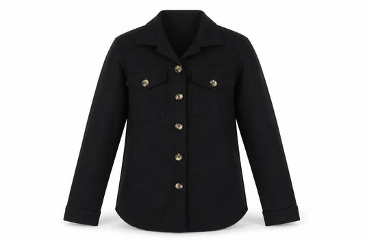 Front view of Stylewise Women’s Black Mid-Length Button Jacket, size M