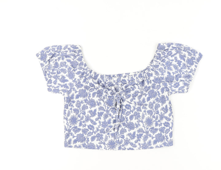 Topshop Women’s Blue Floral Cropped Blouse UK L Summer Casual