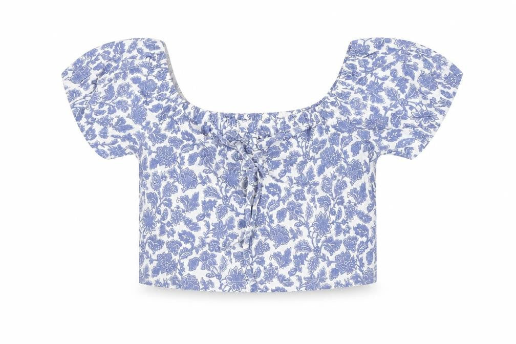 Topshop Women’s Blue Floral Cropped Blouse UK L Summer Casual