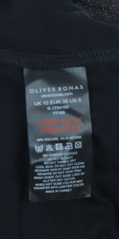 Oliver Bonas Women Black Glitter Tunic Blouse UK 10 Short Sleeve