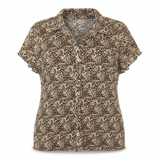 Front view of Bonmarché women’s brown, size UK 22, button-up floral short sleeve blouse