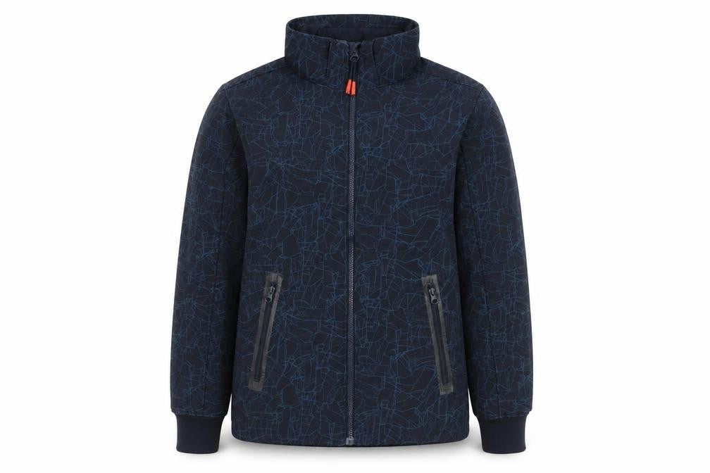 Front view of H&M boys’ blue geometric softshell jacket age 14 years full zip