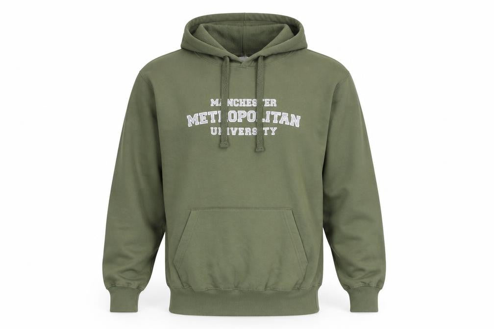 Front view of Cottonridge Men’s Green Pullover Hoodie M Manchester University Logo