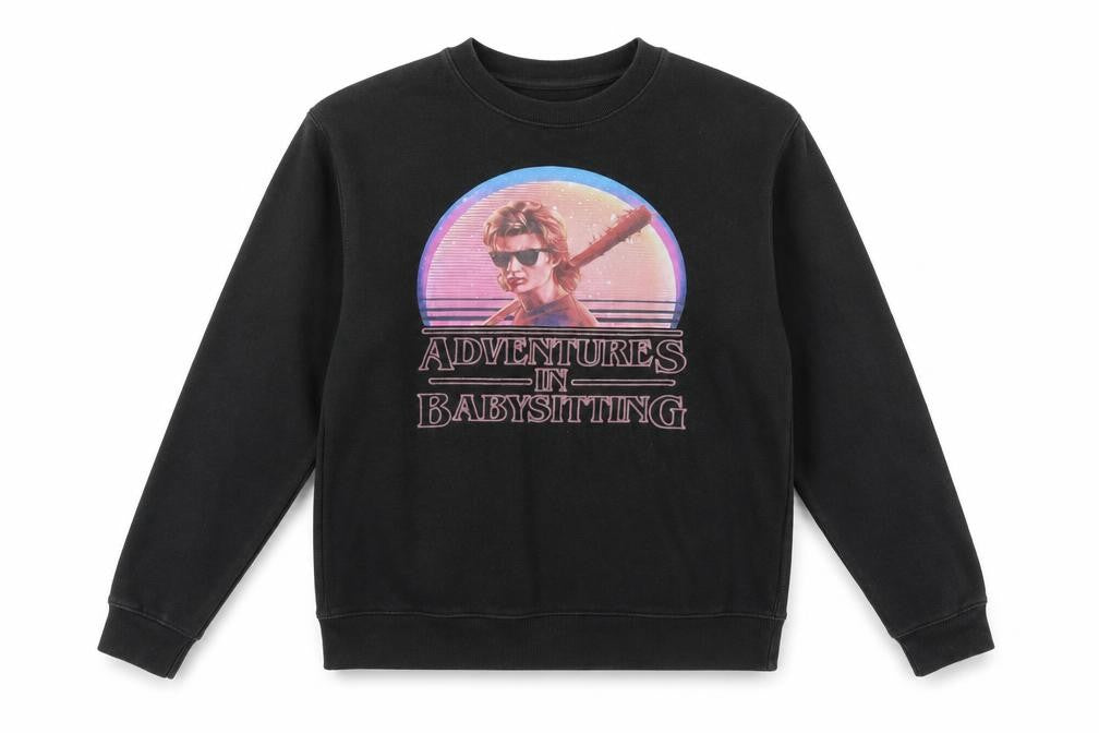 Front view of Delta Fleece women’s black medium graphic pullover sweatshirt vintage