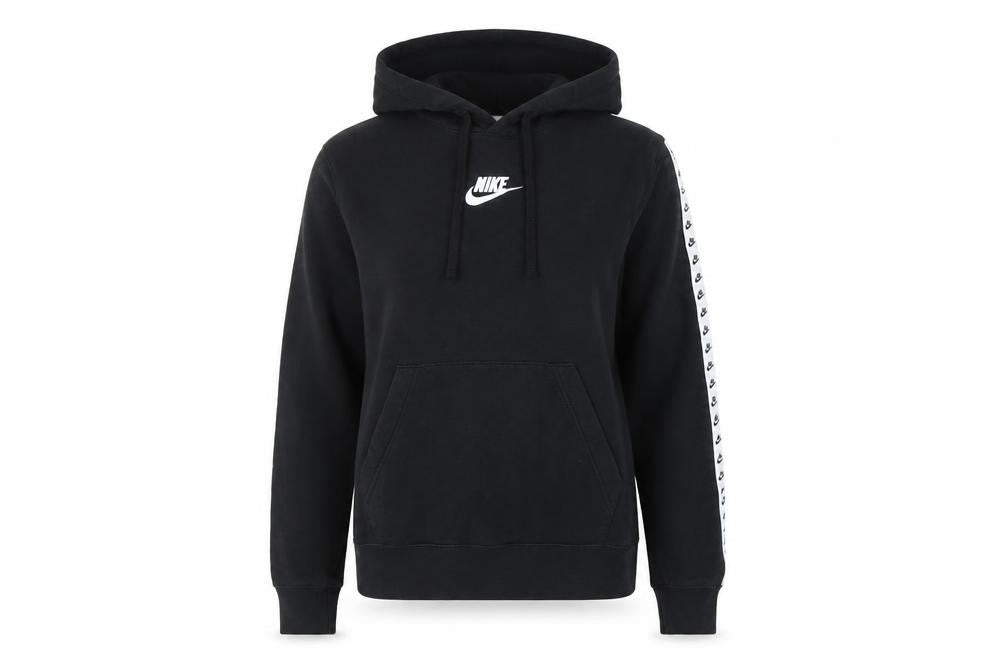 Front view of Nike women’s black xs pullover hoodie sweatshirt logo tape sleeve