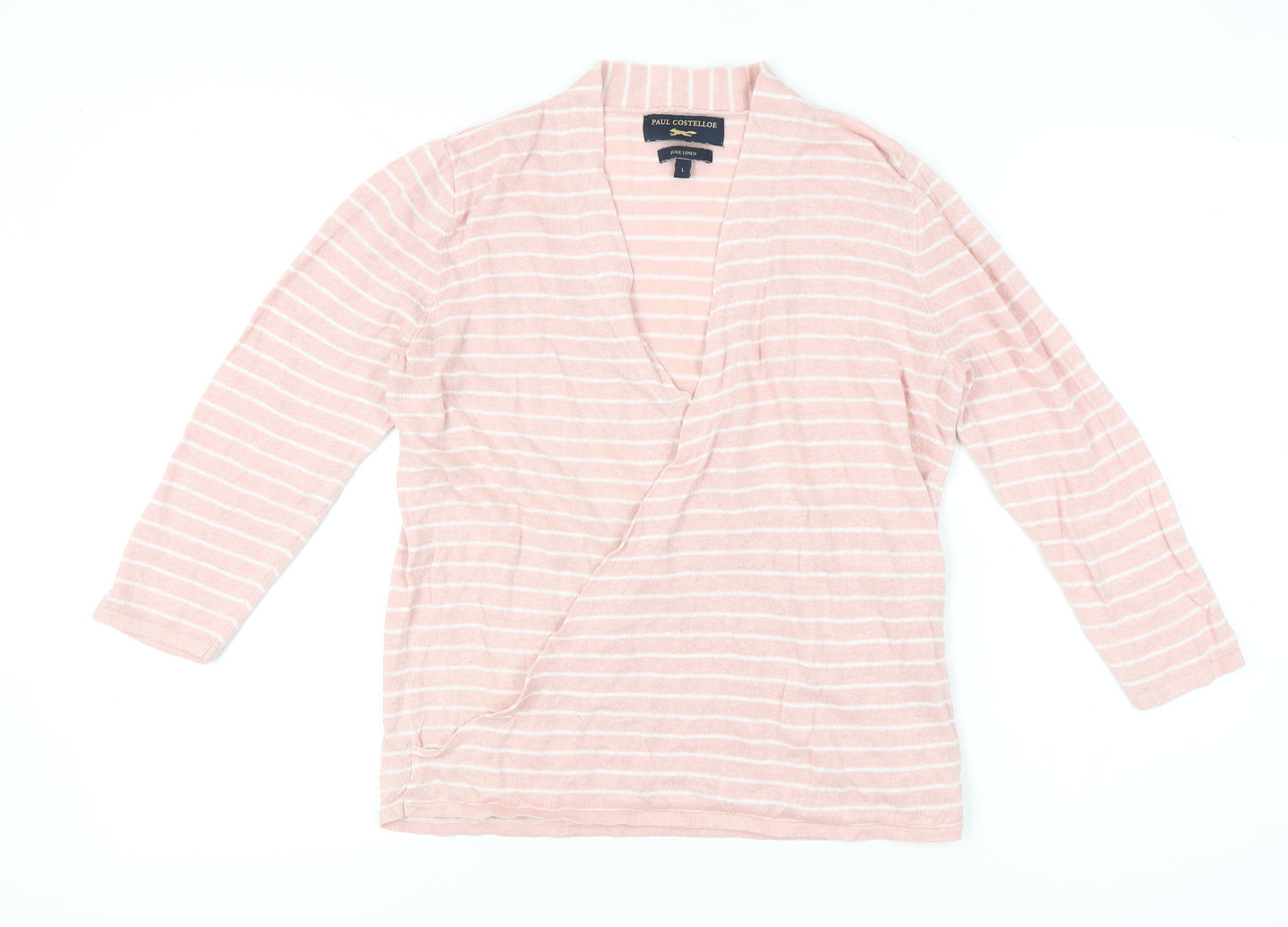 Paul Costelloe Women’s Pink Striped Linen Cardigan L V-Neck
