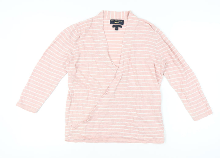 Paul Costelloe Women’s Pink Striped Linen Cardigan L V-Neck