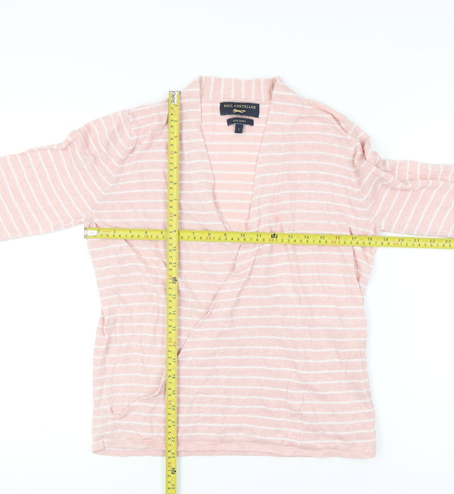 Paul Costelloe Women’s Pink Striped Linen Cardigan L V-Neck