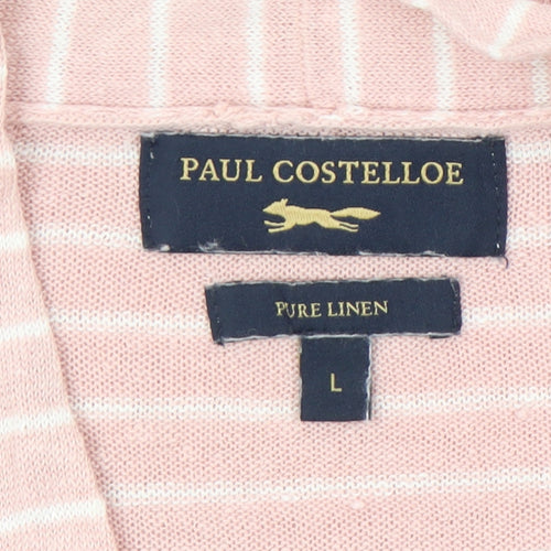 Paul Costelloe Women’s Pink Striped Linen Cardigan L V-Neck