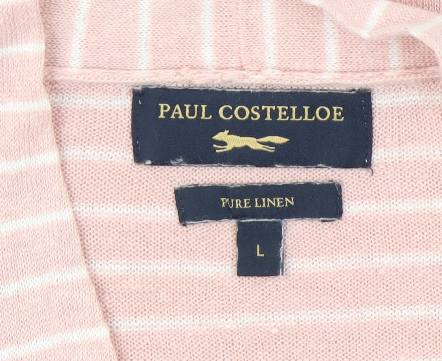 Paul Costelloe Women’s Pink Striped Linen Cardigan L V-Neck