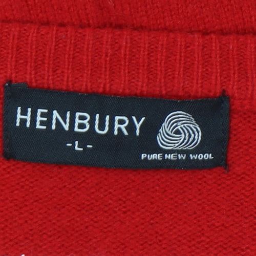 Henbury Men’s Red Wool V-Neck Pullover Jumper L Casual Sportswear