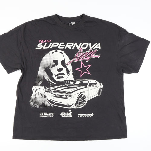 H&M Divided Womens Black Graphic Racing Car Print Cotton T-Shirt Size 12