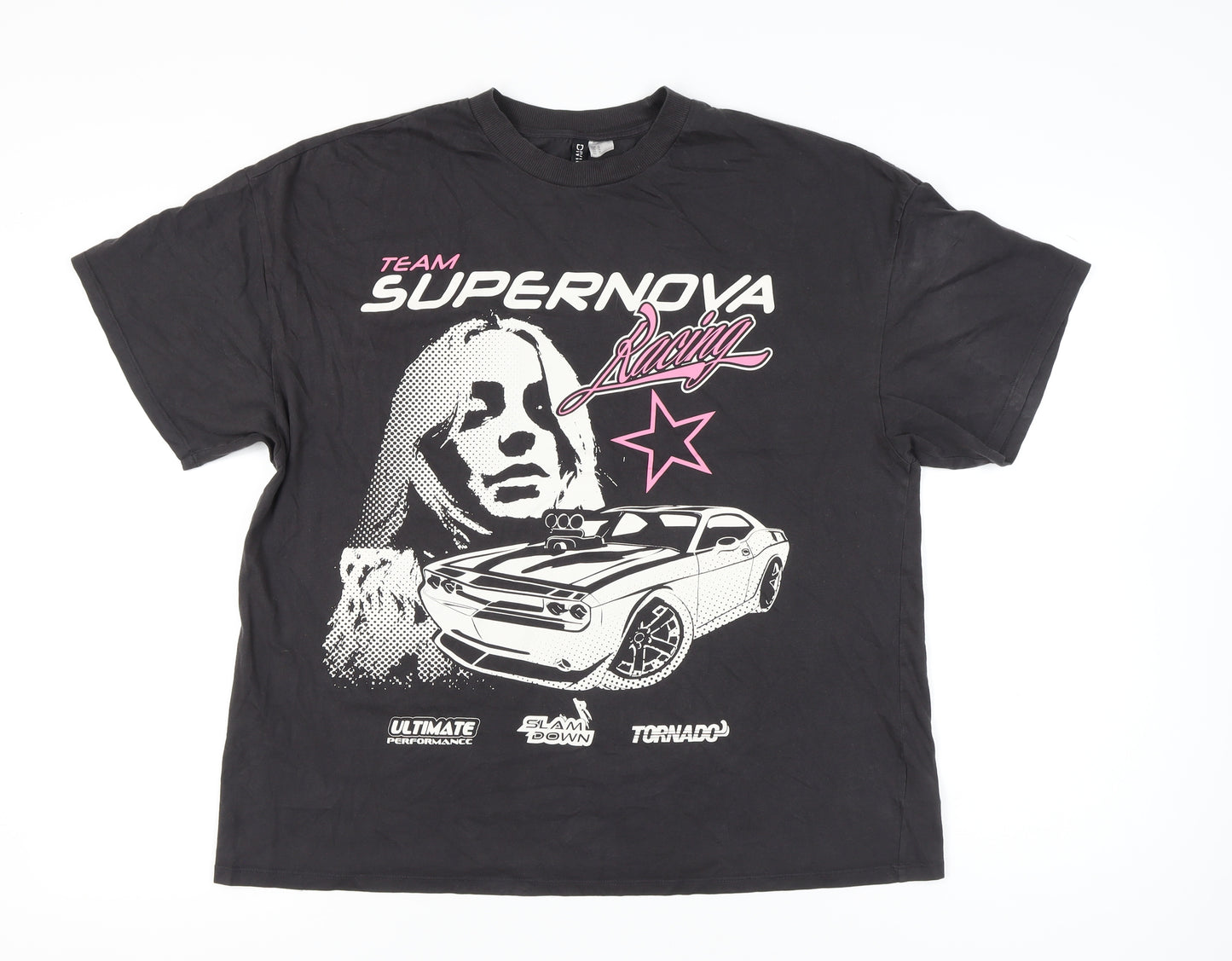 H&M Divided Womens Black Graphic Racing Car Print Cotton T-Shirt Size 12