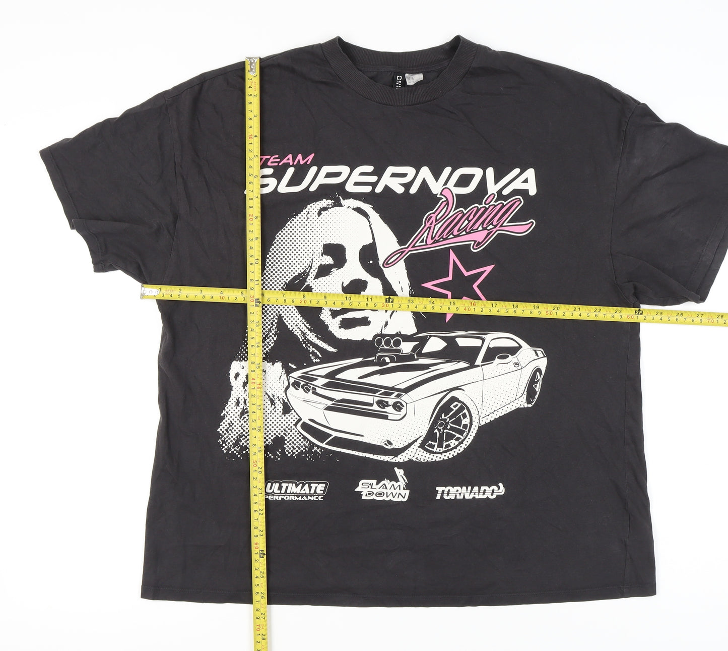 H&M Divided Womens Black Graphic Racing Car Print Cotton T-Shirt Size 12