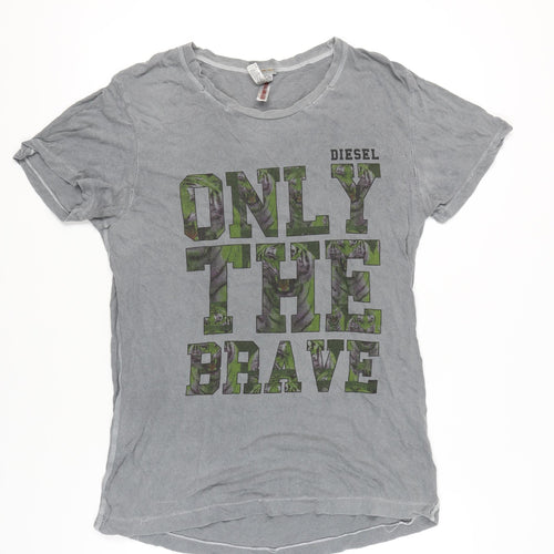 Diesel Men’s Grey L Graphic Print Cotton T-Shirt Crew Neck
