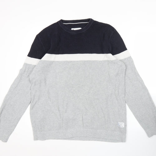 Jack & Jones Mens Grey & Black Striped Cotton Pullover Jumper L