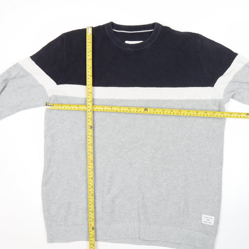 Jack & Jones Mens Grey & Black Striped Cotton Pullover Jumper L