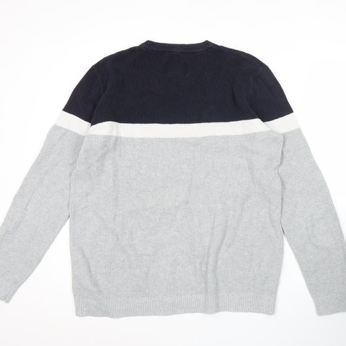 Jack & Jones Mens Grey & Black Striped Cotton Pullover Jumper L