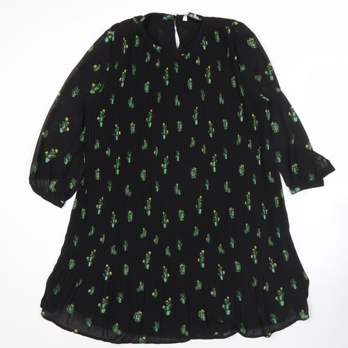 Zara Women Black XS Shift Dress Floral Pleated 3/4 Sleeve