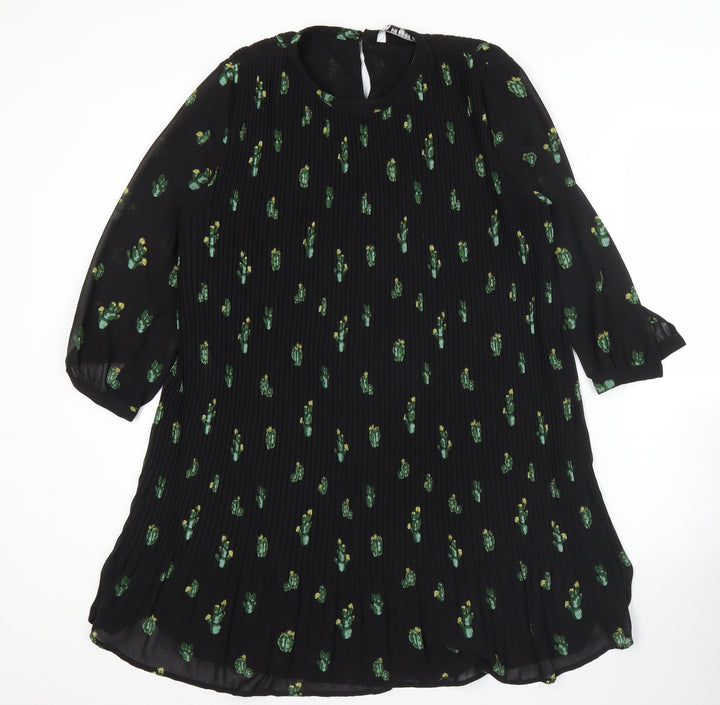Zara Women Black XS Shift Dress Floral Pleated 3/4 Sleeve