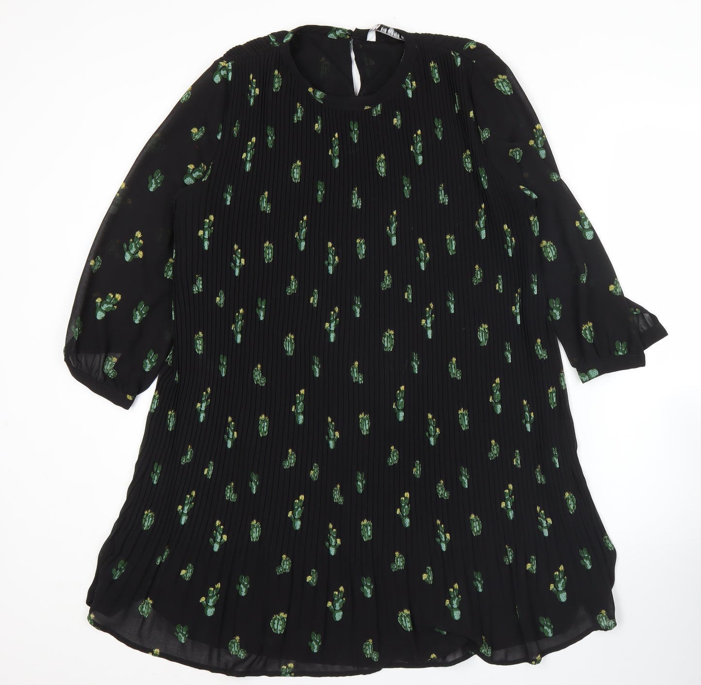 Zara Women Black XS Shift Dress Floral Pleated 3/4 Sleeve