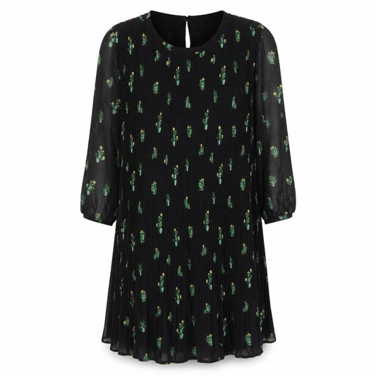 Front view of Zara Women Black XS Shift Dress Floral Pleated 3/4 Sleeve