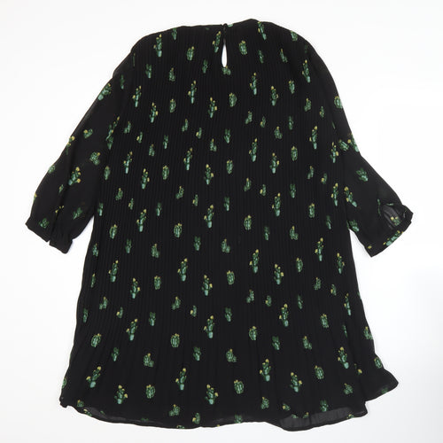 Zara Women Black XS Shift Dress Floral Pleated 3/4 Sleeve