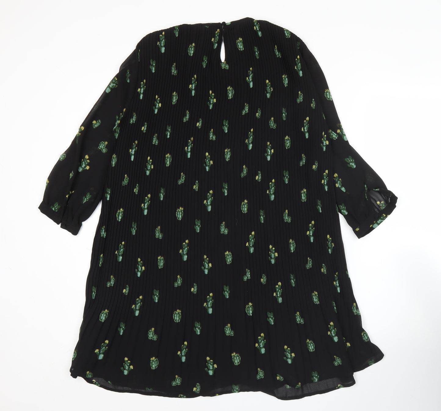 Zara Women Black XS Shift Dress Floral Pleated 3/4 Sleeve