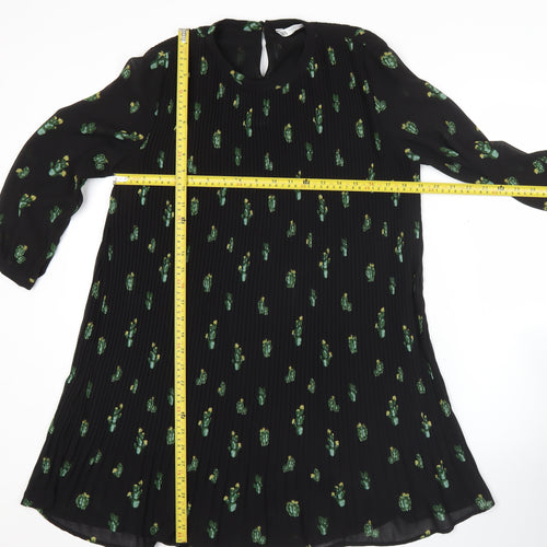 Zara Women Black XS Shift Dress Floral Pleated 3/4 Sleeve