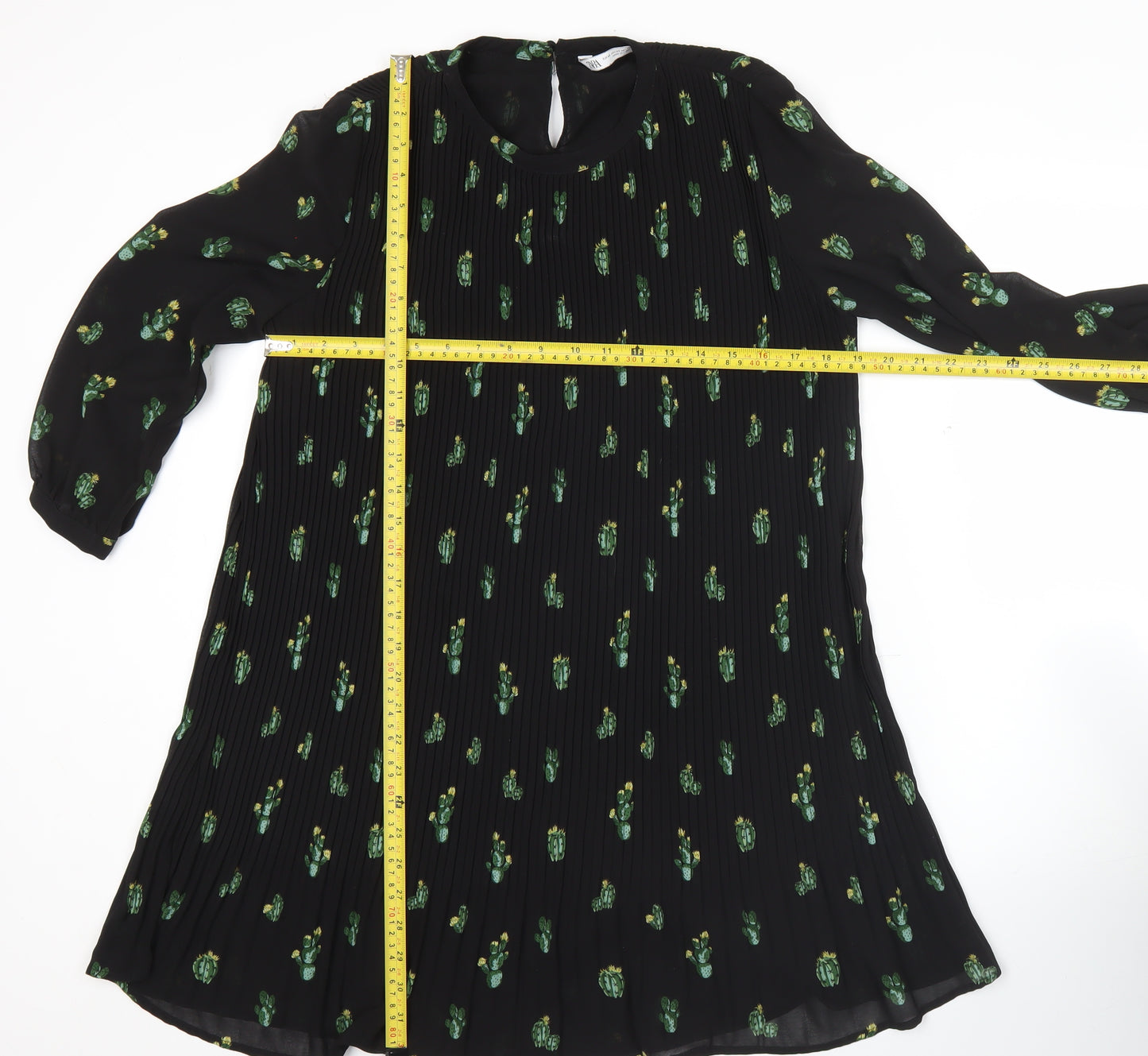 Zara Women Black XS Shift Dress Floral Pleated 3/4 Sleeve