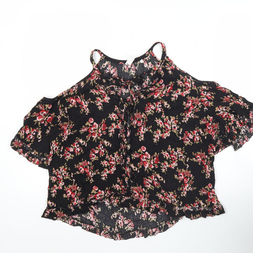 AND/OR Womens Black Floral Cold Shoulder Blouse Size 12 Summer Top