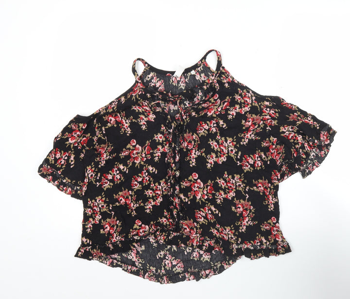 AND/OR Womens Black Floral Cold Shoulder Blouse Size 12 Summer Top